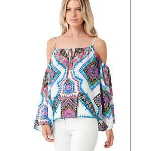 Hale Bob Fumiko Cold Shoulder Blouse Size Small Bell Sleeve Multicolor Boho